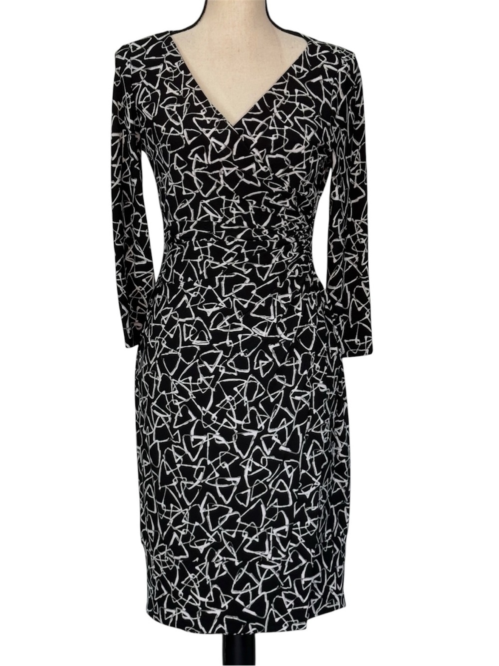 Lauren Ralph Lauren Black White Abstract Print Dress Size 2 Stretch Ruched